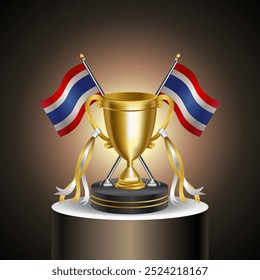Gold Winner Trophy with Thailand flag and cup with and without cover on gradation color background.