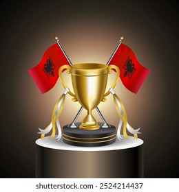 Gold Winner Tropy with Albania flag and cup with and without cover on gradation color background.