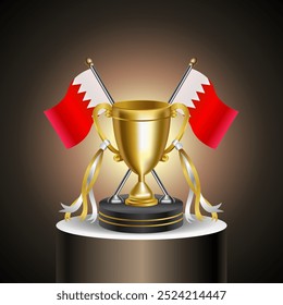 Gold Winner Tropy with Bahrain flag and cup with and without cover on gradation color background.