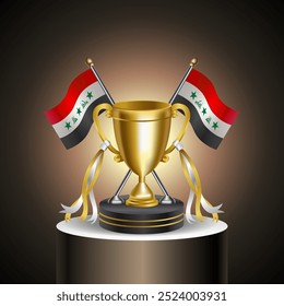 Gold Winner Tropy with Iraq flag and cup with and without cover on gradation color background.