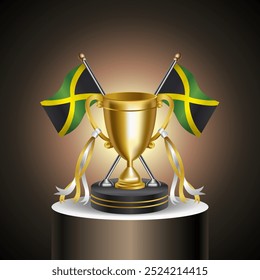 Gold Winner Tropy with Jamaica flag and cup with and without cover on gradation color background.