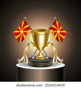 Gold Winner Tropy with Macedonia flag and cup with and without cover on gradation color background.