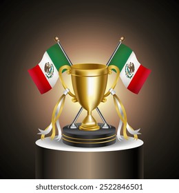 Tropy vencedor de ouro com bandeira do México e xícara com e sem capa em fundo de cor de gradação.