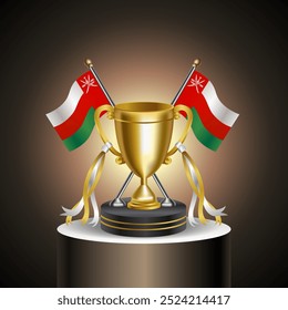 Gold Winner Tropy with Oman flag and cup with and without cover on gradation color background.