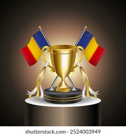 Gold Winner Tropy with Romania flag and cup with and without cover on gradation color background.