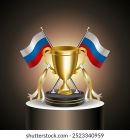 Tropy vencedor de ouro com bandeira russa e xícara com e sem capa sobre fundo de cor de gradação.
