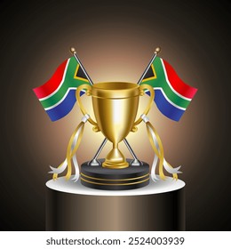 Gold Winner Tropy with South Africa flag and cup with and without cover on gradation color background.