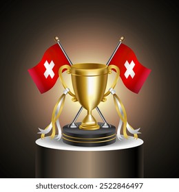 Gold Winner Tropy with Switzerland flag and cup with and without cover on gradation color background.