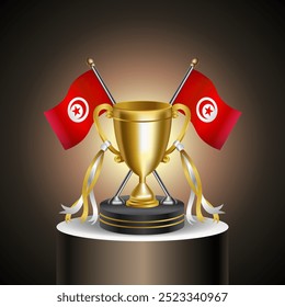 Gold Winner Tropy with Tunisia flag and cup with and without cover on gradation color background.