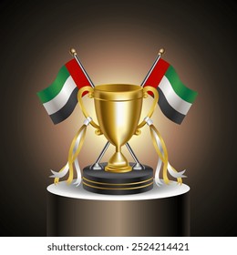 Gold Winner Tropy with United Arab Emirates flag and cup with and without cover on gradation color background.