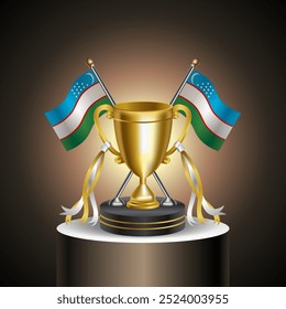 Gold Winner Tropy with Uzbekistan flag and cup with and without cover on gradation color background.