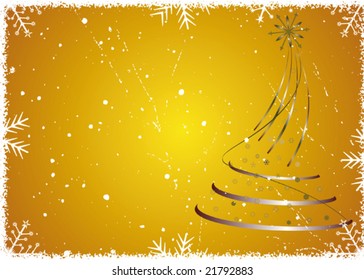 Gold winter background with snowflakes and tree. 2009