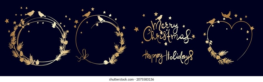 Gold winter frames, sketch wreath, christmas backgrounds. Set vector design elements. Fir branches, birds and rosehip berries.	