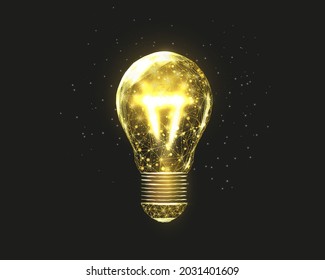 Gold wireframe lightbulb. Internet technology network, business idea concept with glowing low poly bulb. Futuristic modern abstract. Isolated on dark blue background. Vector illustration.