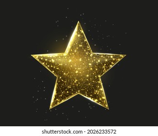 Gold wireframe star, low poly style. Success, win symbol concept. Abstract modern 3d vector illustration on dark blue background.