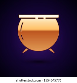 Gold Witch cauldron icon isolated on dark blue background. Happy Saint Patricks day.  Vector Illustration