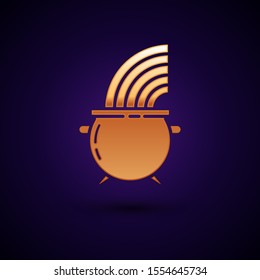 Gold Witch cauldron and rainbow icon isolated on dark blue background. Happy Saint Patricks day.  Vector Illustration