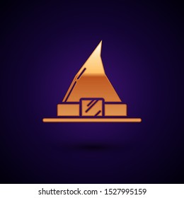 Gold Witch hat icon isolated on dark blue background. Happy Halloween party.  Vector Illustration