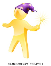 A gold wizard mascot waving a wand and wearing a purple hat