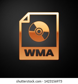 Gold WMA file document icon. Download wma button icon isolated on black background. WMA file symbol. Wma music format sign. Vector Illustration
