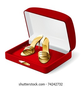 Gold Woman Shoes in the Red Present Box. Vector Illustration