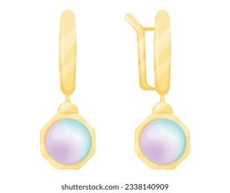 Gold women expensive earrings with precious stones pearls. Vector isolated precious jewelry or bijouterie.