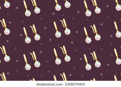 Gold women expensive earrings with precious stones pearls. Vector seamless cartoon pattern, precious jewelry or bijouterie.