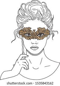 Gold Womens Handheld Masquerade Mask. Carnival party invitation. Line art illustration of women with mask.