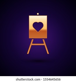 Gold Wood easel or painting art boards with heart icon isolated on dark blue background.  Vector Illustration