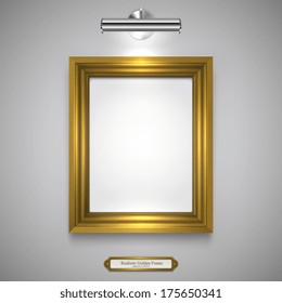 Gold Wood Frame For Picture And Lamp On A Wall, Vector Illustration 