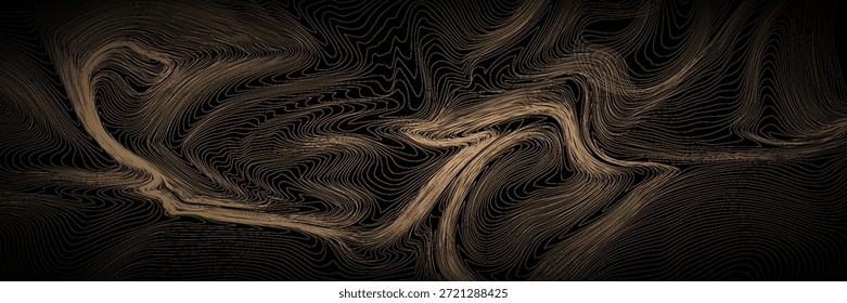 Gold Wood Line Pattern. Abstract Luxury Golden Tree Texture. Vector Black Background with Wave Wooden Abstract Pattern.

