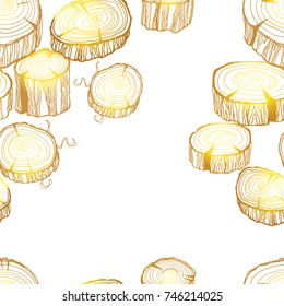 Gold wood seamless pattern with wooden stumps in hand drawn sketch style on white background. Pattern for paper, wrapping and decoration. Vector illustration