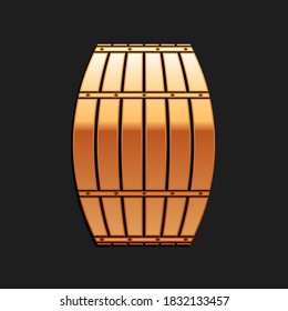 Gold Wooden barrel icon isolated on black background. Alcohol barrel, drink container, wooden keg for beer, whiskey, wine. Long shadow style. Vector.