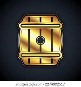 Gold Wooden barrel icon isolated on black background. Alcohol barrel, drink container, wooden keg for beer, whiskey, wine.  Vector