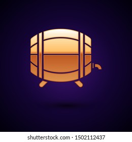 Gold Wooden barrel on rack with stopcock icon isolated on dark blue background.  Vector Illustration