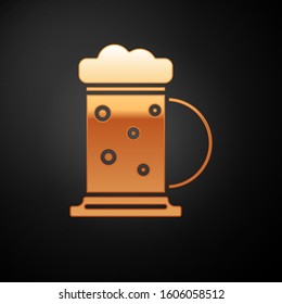 Gold Wooden beer mug icon isolated on black background.  Vector Illustration