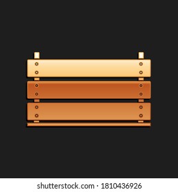 Gold Wooden box icon isolated on black background. Grocery basket, storehouse crate. Empty wooden container for vegetables, products. Long shadow style. Vector.