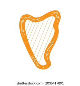 Gold wooden harp. Colorful vector isolated illustration cartoon icon. Ancient musical instrument