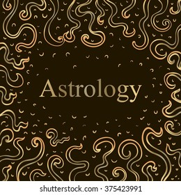Gold word astrology on black backdrop with curls and swirls