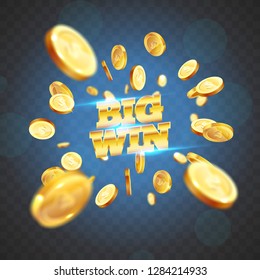 The gold word Big Win, surrounded by attributes of gambling, on a explosion background. The new, best design of the luck banner, for gambling, casino, poker, slot, roulette or bone.