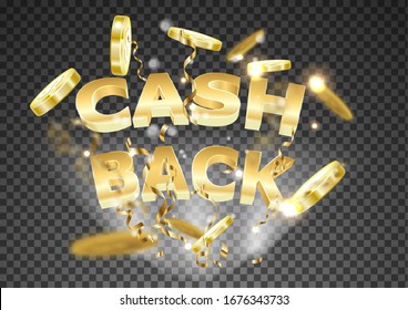 The gold word cash back, on a explosion coins background. transparent background