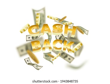 The gold word cash back, on a explosion coins background. Vector.