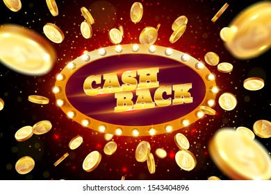 The gold word cash back, surrounded by retro frame, on a explosion coins background. The new, best design of the luck banner, for gambling, casino, poker, slot, roulette or bone.