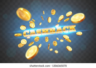 The gold word Cashback, amid the explosion of coins. Vector illustration on a transparent background