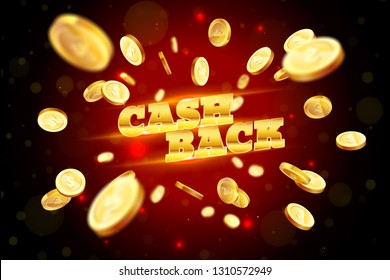 The gold word Cashback, amid the explosion of coins. Vector illustration background