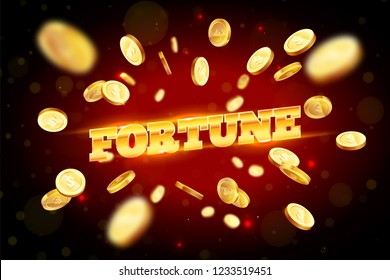 The gold word Fortune, surrounded by attributes of gambling, on a explosion background. The new, best design of the luck banner, for gambling, casino, poker, slot, roulette or bone.
