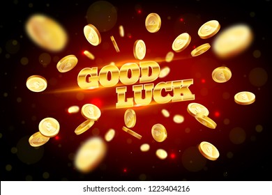 The gold word Good Luck, surrounded by attributes of gambling, on a explosion background. The new, best design of the luck banner, for gambling, casino, poker, slot, roulette or bone.