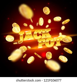 The gold word Jackpot, surrounded by attributes of gambling, on a coins explosion background. The new, best design of the luck banner, for gambling, casino, poker, slot, roulette or bone.