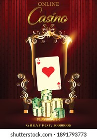 The gold word jackpot, surrounded by attributes of gambling, on the golden throne, on a red curtains background. The best design of the luck banner, for gambling, casino, poker, slot, roulette or bone