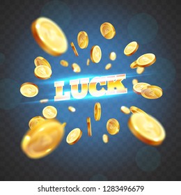 The gold word Luck, surrounded by attributes of gambling, on a explosion background. The new, best design of the luck banner, for gambling, casino, poker, slot, roulette or bone.